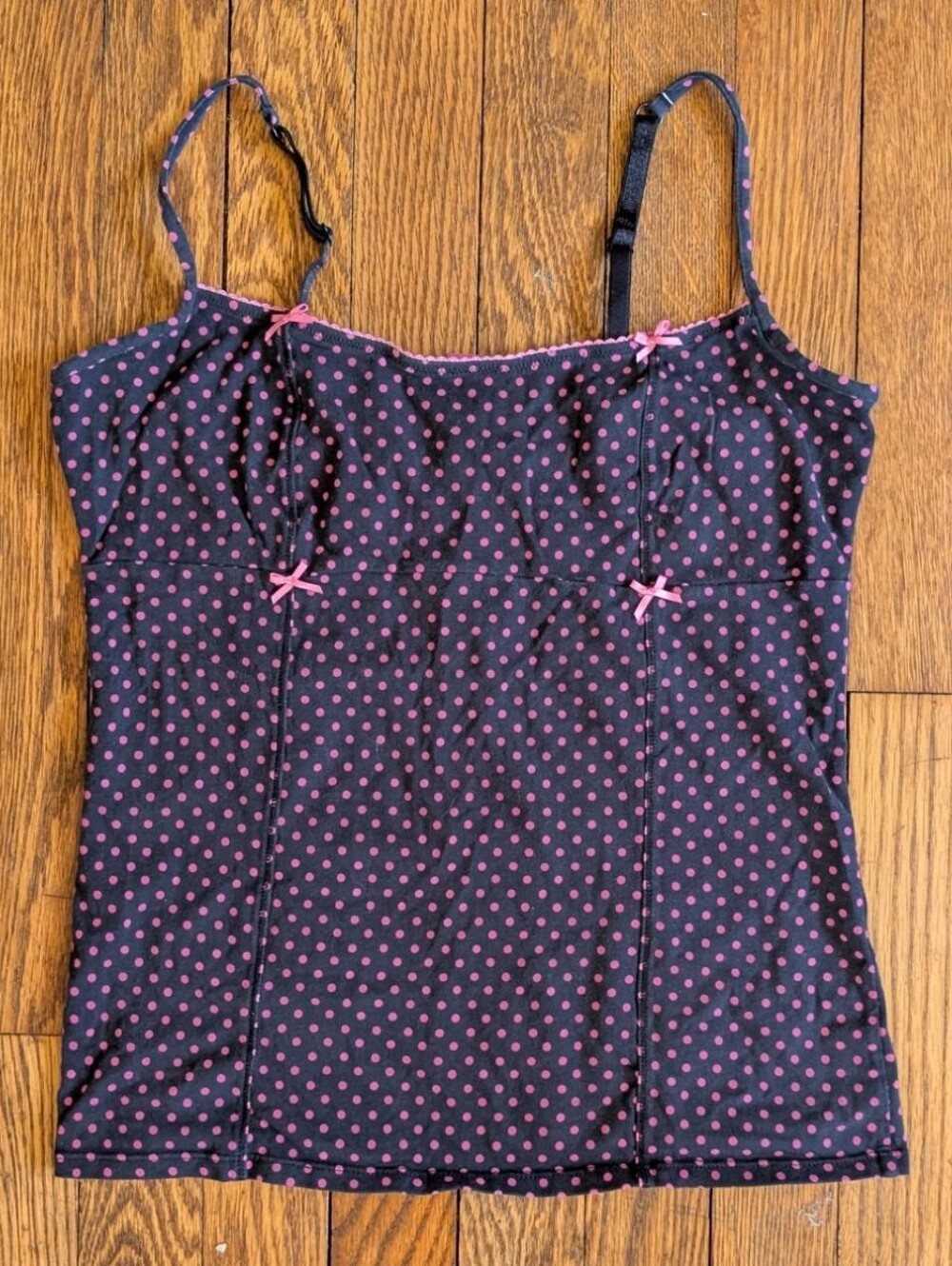 Betsey Johnson Y2k Black Pink Polka Dot Cami Tank Top with Scalloped Edge & Bow